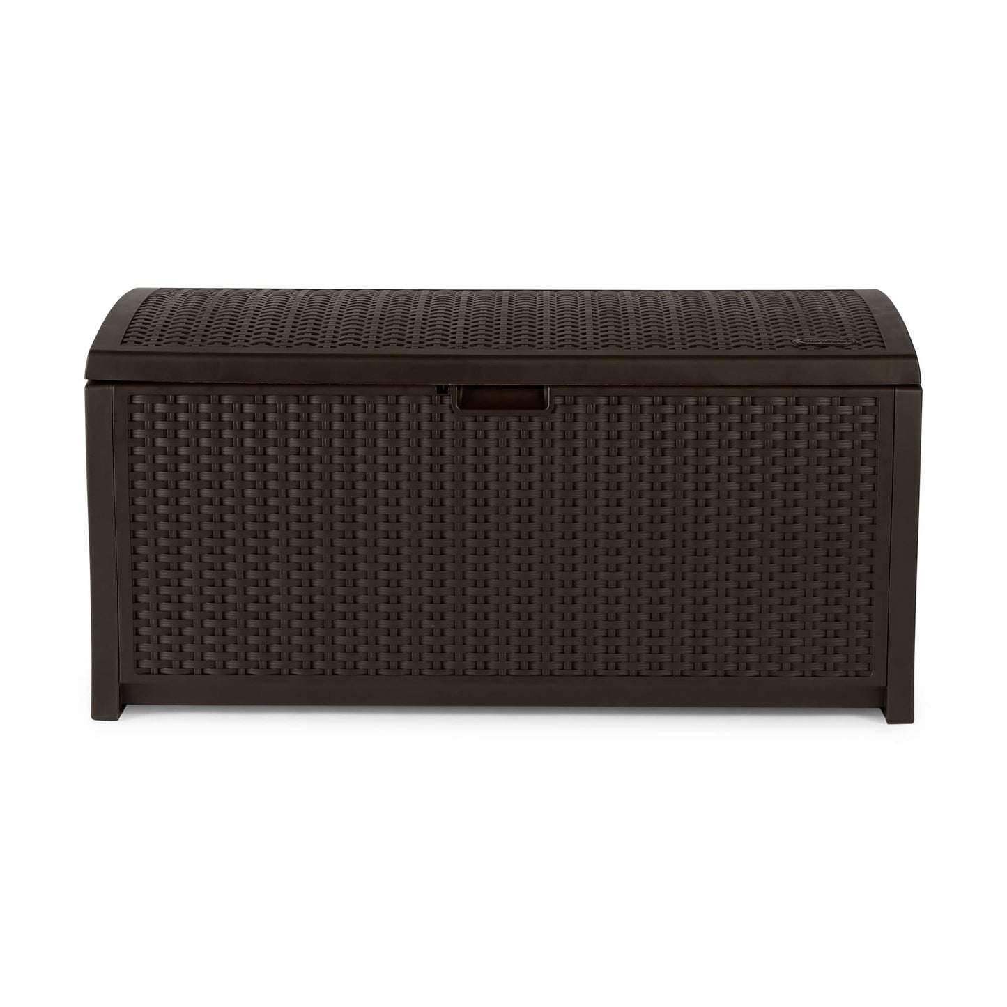 Suncast 73-Gallon Medium Deck Box - Lightweight Resin Indoor/Outdoor Storage Container and Seat for Patio Cushions and Gardening Tools - Store Items on Garage, Yard - Mocha Brown