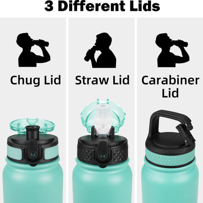 Oldley Insulated Water Bottle 20oz for Adults Kids Stainless Steel Water Bottles with Straw/Chug/Carabiner 3 Lids Fruit Strainer Double Wall Vacuum Wide Mouth BPA Free Leak-Proof for School Travel