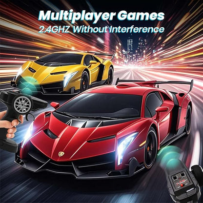 QUN XING Remote Control Car 1:24 Officially Licensed Lambo veneno RC Drift Car with LED Lights 2.4GHz 4WD 15KM/H Fast Speed Control Rechargeable Battery 800mah Birthday for Kids Boys 8-12red