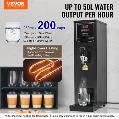 VEVOR Commercial Water Boiler, 20L Electric Hot Water Dispenser with 316 Stainless Steel Heating Tube, 1500W Step-by-step Fast Heating 50L/H Hot Water Boiler, for Coffee Tea Restaurant Office