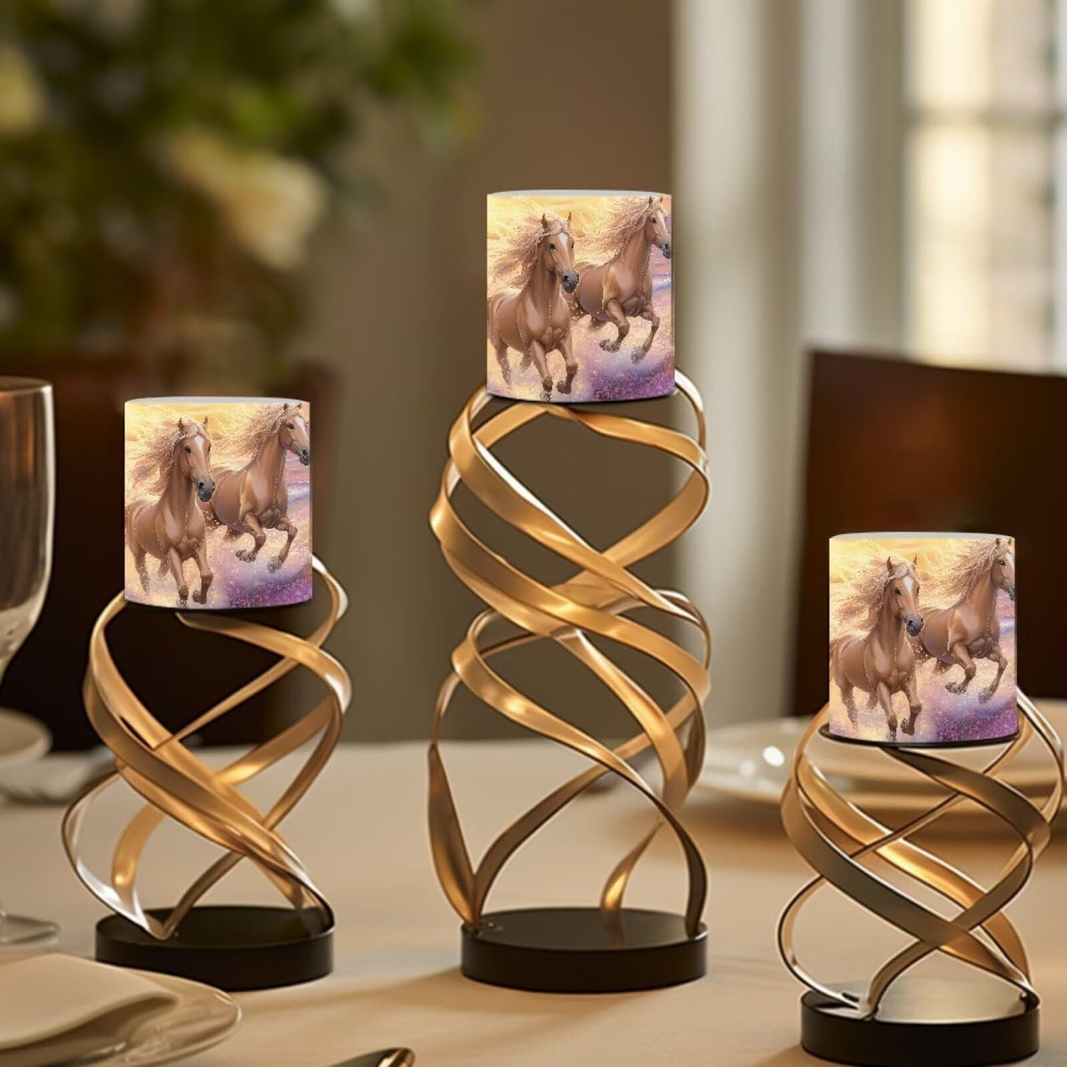 NETILGEN Running Horse Print Flickering Flameless LED Candles Pack of 4 Color Changing Battery Operated LED Pillar Candles with Remote Timer Control