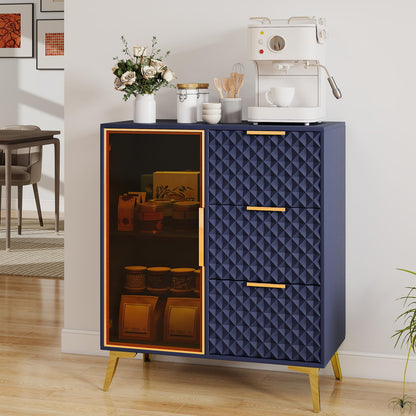 Rovibek Modern Sideboard Cabinet with Storage, Small Kitchen Buffet Cabinet with Glass Door & 3 Drawers, 31" Accent Sideboard Buffet for Kitchen, Living Room, Blue