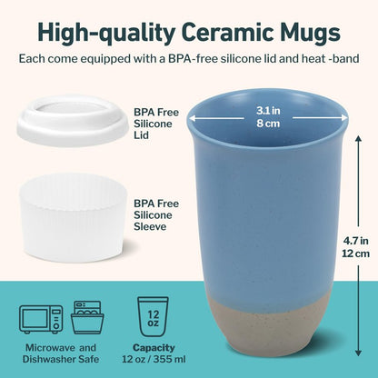 NOVA CERAMICS Travel Mug - Ceramic Coffee Mug With Lid – Microwave & Dishwasher Safe Coffee White & Grey Tumbler - Fits In Cup Holder – 12oz – Coastal Drift