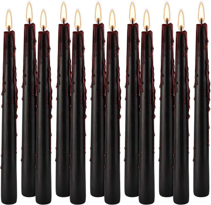 Pliadvbu 12PCS 10-Inch Black Bleeding Taper Candles,Vampire Tears Taper Candles- Unscented Ideal for Halloween, Christmas, Rituals, and Themed Party Decor