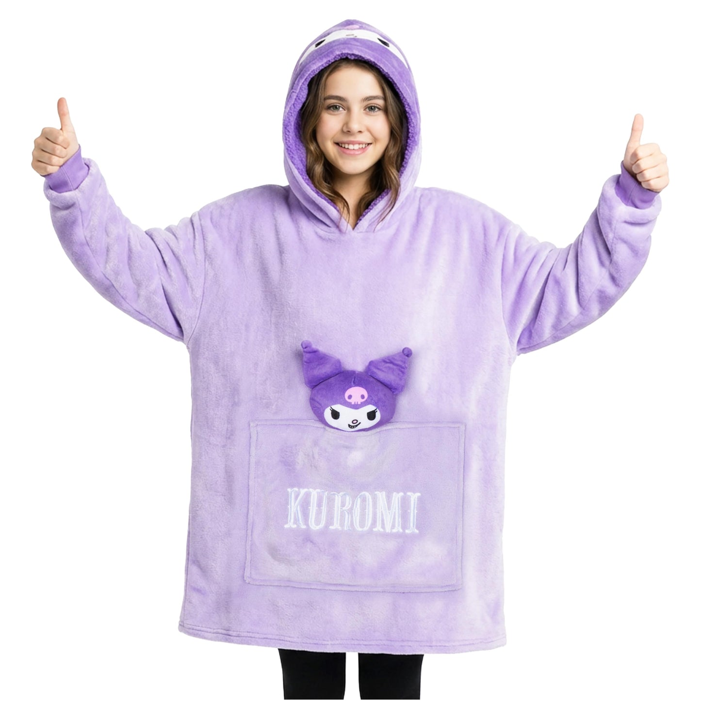 Hello Kitty Sanrio Kuromi Blanket Hoodie Girls, Teens, Kawaii Fleece Wearable Blanket with Plush, Loungewear Gifts for Girls (Purple Kuromi)