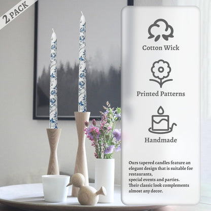 Floral Taper Candles 10 Inch Tall Unscented Handmade Blue and White Peony Pattern Print Long Burning Elegant Candlesticks for Wedding Dinner Home Decor