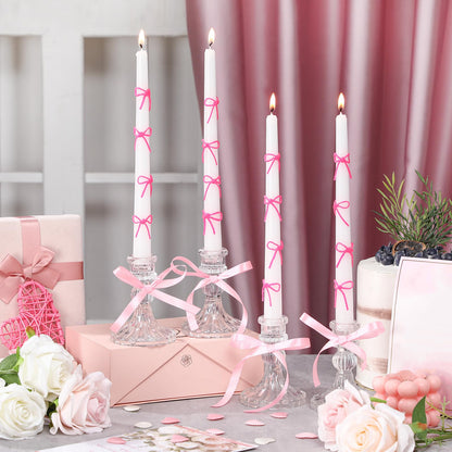 Conelist 12 Set Pink Bow Taper Candles Coquette Birthday Decoration Candles White Candlesticks with Wax Stick for Bridal Shower Wedding Dinner Decorations for Birthday Anniversary Party