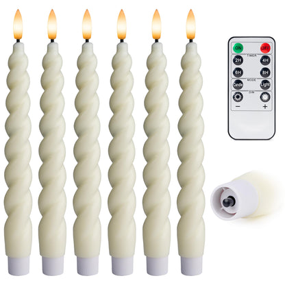 West Ivory Full Twisted Spiral Flameless LED Taper Candles – Ivory, Set of 6 – 2/4/6/8-Hr Timer (24-Hr Memory), Remote, Dimmable, Bottom On/Off Button, Flicker/Steady, Battery Operated