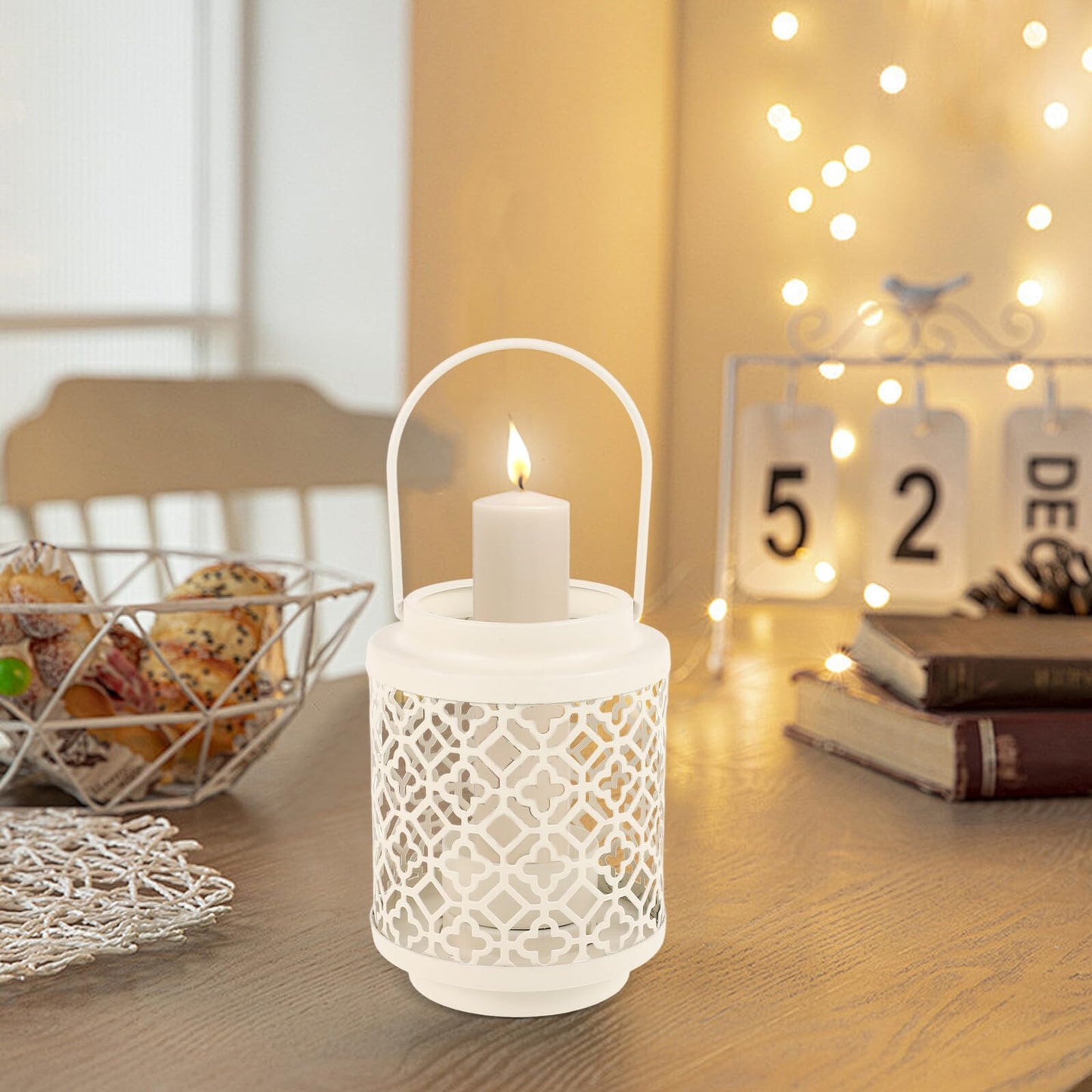 HYTROVE Iron Art Hollow-Out Candle Holder, White Decorative Candlestick for Restaurant and Tabletop, Elegant Lantern for Home Dinner Centerpiece