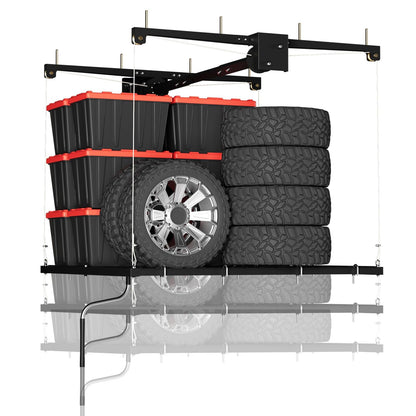 Patikuin Garage Ceiling Storage Rack,Storage Elevator for Garage,4x4 ft Overhead Lift Storage with 350 Lb Capacity,Smooth Crank System, Space-Saving Design for Garage Organization