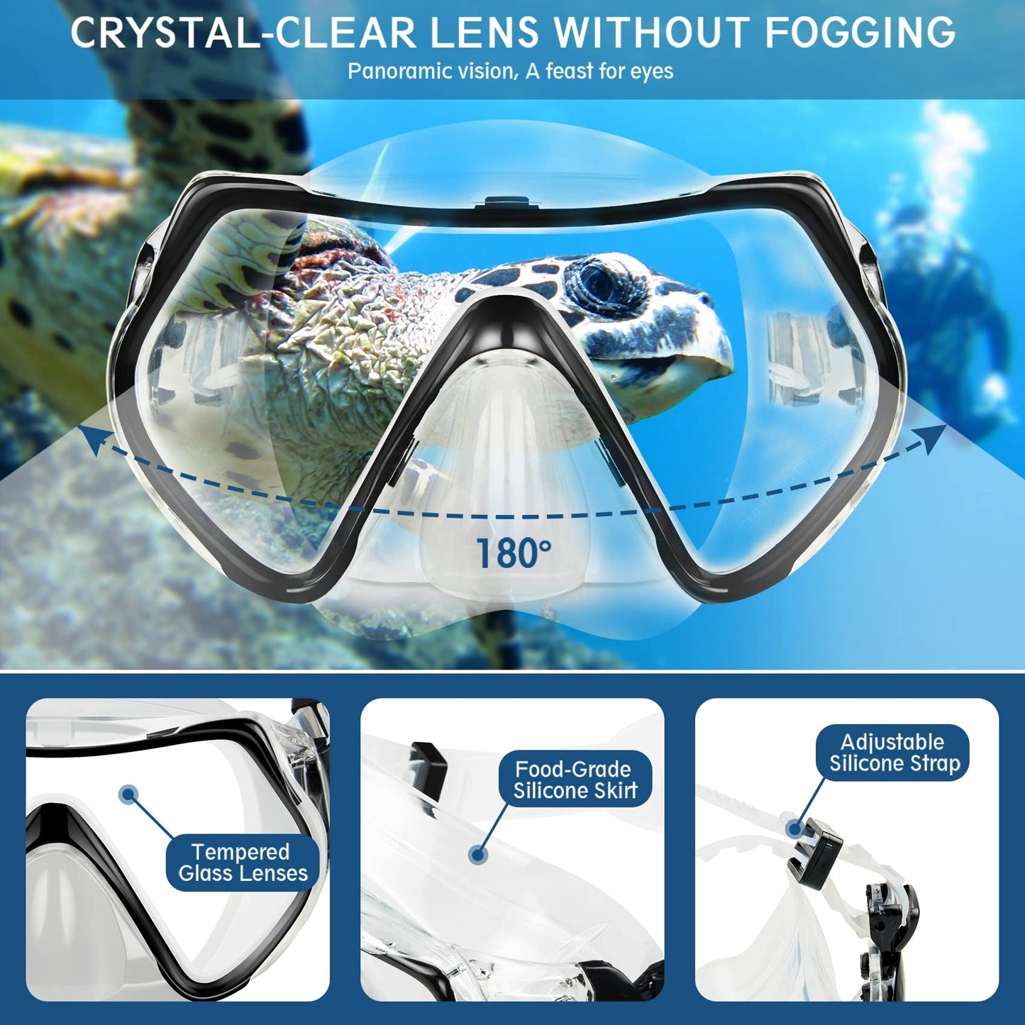ZEEPORTE Mask Fin Snorkel Set with Adult Snorkeling Gear, Panoramic View Diving Mask, Trek Fin, Dry Top Snorkel +Travel Bags, Snorkel for Lap Swimming
