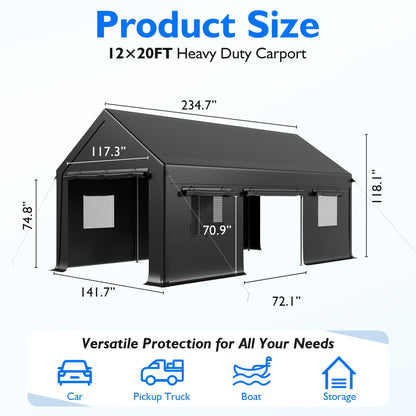 AirWire 12x20 FT Heavy Duty Carport, Portable Car Tent Garage with Roll-Up Windows & Side-Opening Door, Enclosed Car Port Canopy with Reinforced Four-Hole Base for Car, Truck, Boat