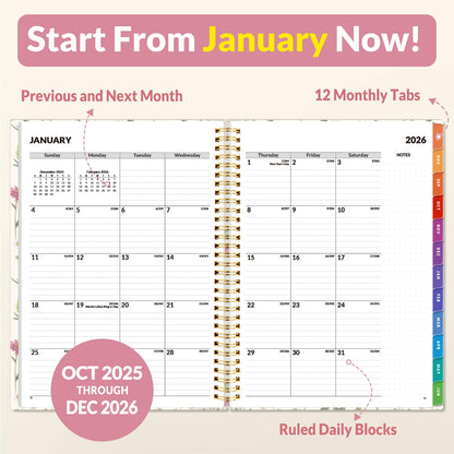 SUNEE 2026 Weekly and Monthly Planner - from January 2026 - December 2026, Daily Agenda Planner with Monthly Tab, Flexible Cover, Note Pages, Pockets, Bookmark, Spiral Binding, Wildflowers, 8.5"x11"