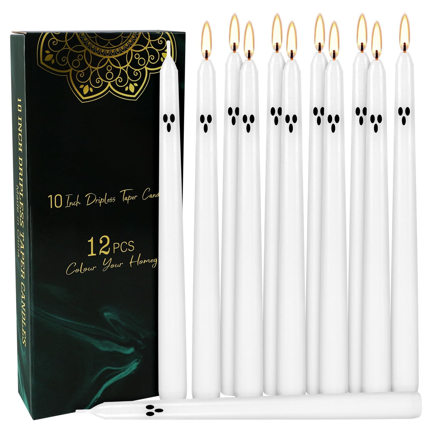 12 Pack Halloween Taper Candles - 10 Inch White Ghost Face Smokeless Candles, Long-Lasting 7+ Hour Burn, Premium Wax for Spooky Decor & Parties