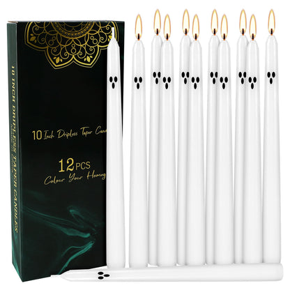 12 Pack Halloween Taper Candles - 10 Inch White Ghost Face Smokeless Candles, Long-Lasting 7+ Hour Burn, Premium Wax for Spooky Decor & Parties