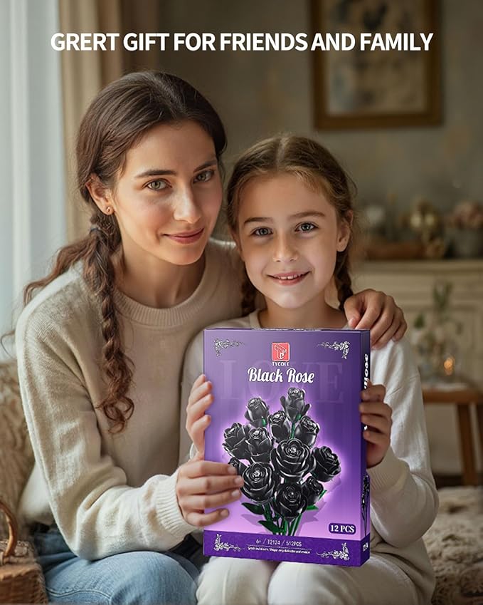 Black Roses Flowers Building Sets Artificial Bouquet Botanical Collection Building Blocks for Adults Gothic Home Decor Christmas Birthday Gift for Adults Women Girls Age 8-12 (512Pcs)