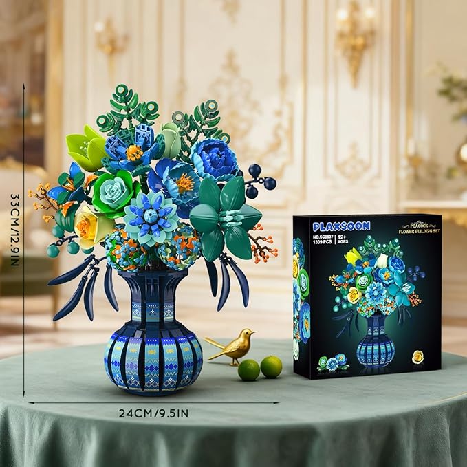 Flowers Building Set with Vase Easter Flower Bouquet Botanical Collection Building Block Toy 1309 PCS Peacock Artificial Plant Bonsai Kit Home Decor Gift for Her Adults Girls 12+