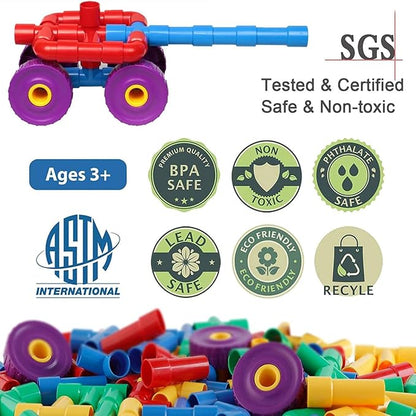 ZOZOPLAY STEM Learning Toy Tubular Pipes &amp Spouts &amp Joints 64 Piece Build Bicycle Tank Scootie Moter Skills Endless Designs Educational Building Blocks Set for Kid Ages 3+ Multicolor