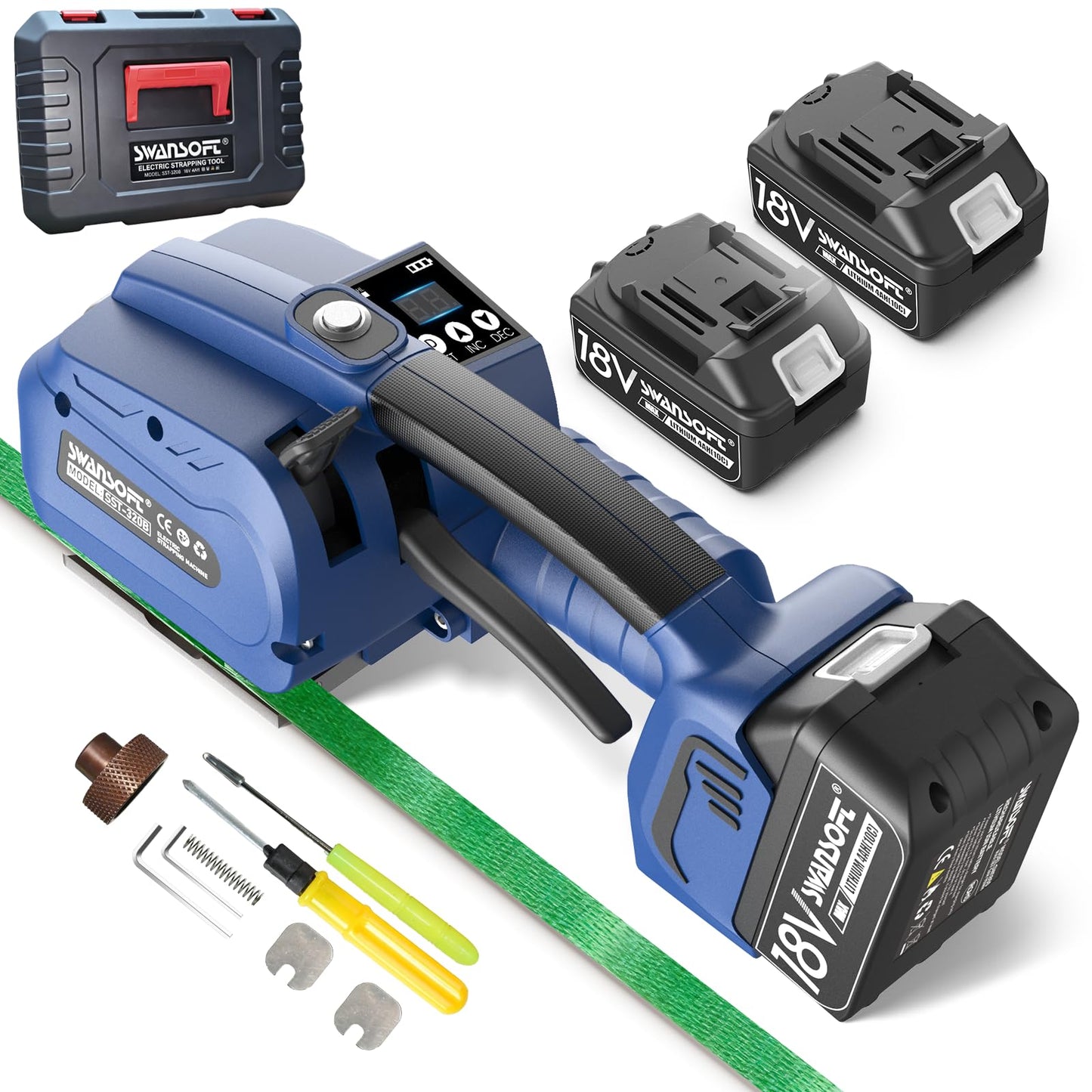SWANSOFT Electric Strapping Tool, 3200N Adjustable Tension Electric Strapping Machine for 0.51" - 0.63" PP/PET Straps 18V 2x4Ah Battery Powered Automatic Banding Tool, with Plastic Case