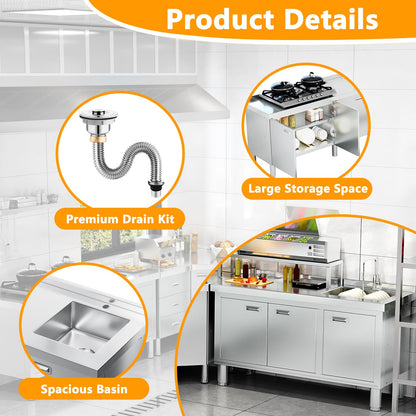 WWK 47" x 21" Stainless Steel Sink with Cabinet, Freestanding Utility Sink Laundry Sink, Heavy Duty Commercial Kitchen Sink for Outdoor, Restaurant, Hotel, Cafe, and Garage, 21D x 47W x 35H inches