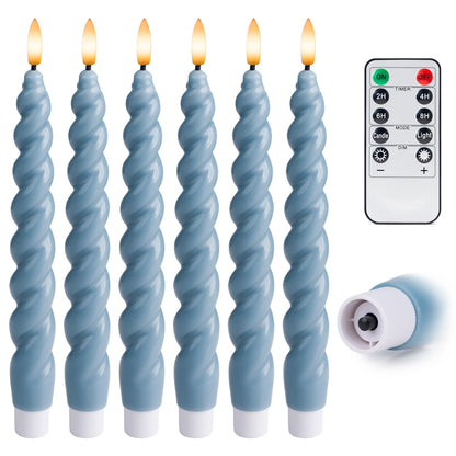 WYZworks 10" Flameless LED Taper Candles – Full Twisted Spiral – Dusty Blue, Set of 6 – Remote, 2/4/6/8-Hr Timer (24-hr Memory), Bottom On/Off Button, Dimmable, Battery Operated, Flicker/Steady