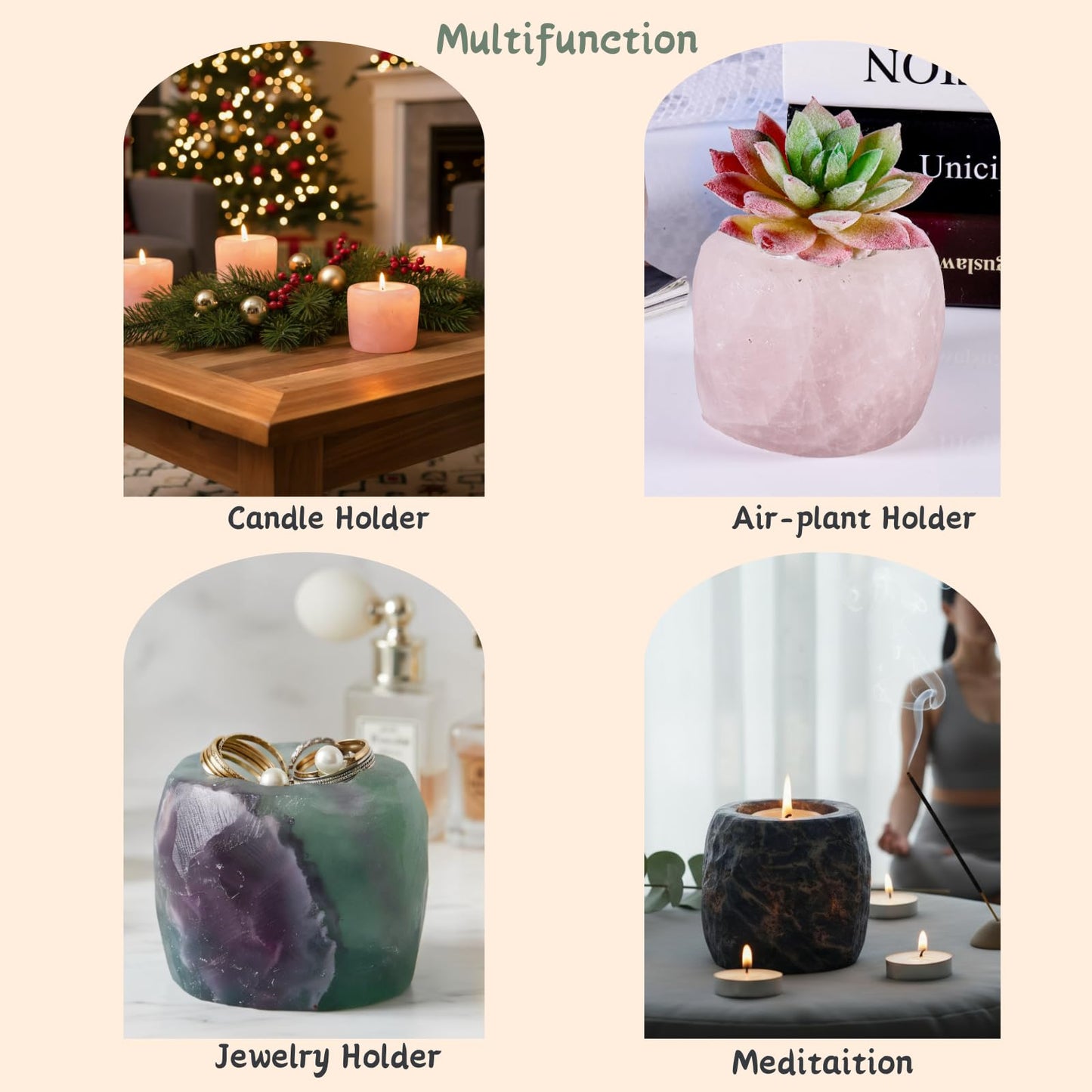 rockcloud Natural Raw Flourite Taper Tea Light Candle Holder Air Plant Holder Healing Stone Home Decoration Figurine