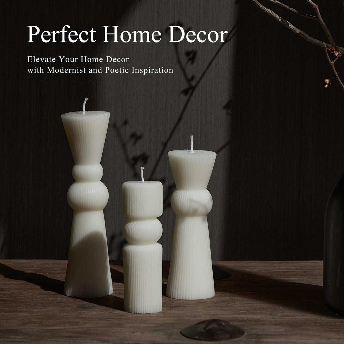 NATCENSE 3Pcs Pillar Candles Set - Handmade Ribbed Design for Modern Home Decor, Housewarming Gift, Room & Shelf Aesthetic Decoration, Long-Lasting Burning (White)