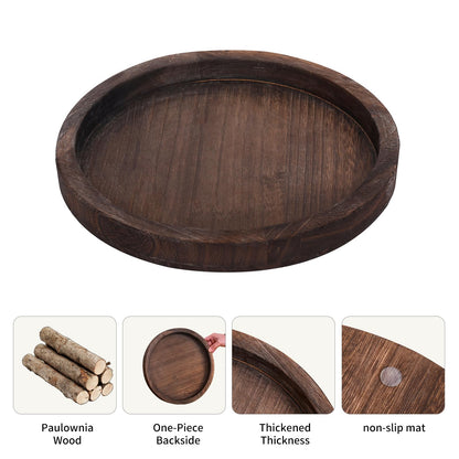 Rustic Wooden Serving Tray – Handcrafted Round Farmhouse Tray, Lightweight Paulownia Wood Decorative Tray for Coffee Table, Candle Holder, Breakfast in Bed, and Multi-Purpose Home Decor