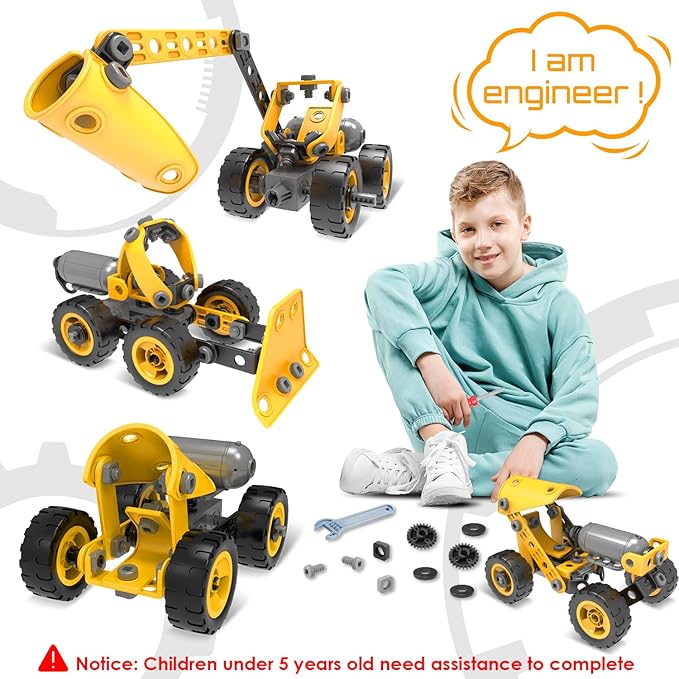 10 in 1 Kids STEM Building Toys Electric Building Blocks Toys Set for 5 6 7 8+ Year Old Boy Educational STEM Learning Construction Excavator Kit for Kids Age 4-8 5-7 6-8 8-10