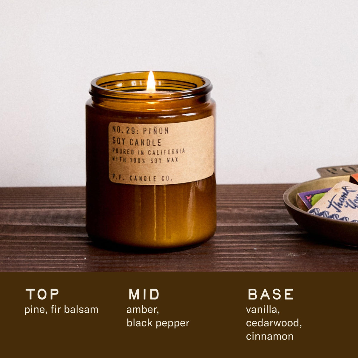 P.F. Candle Co. Piñon Classic Standard Scented Soy Wax Candle (7.2 oz) 40-50 Hour Burn Time, Amber Glass Jar, Made in The U.S.A.