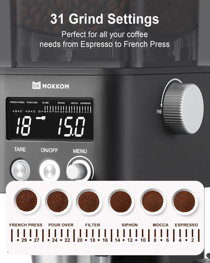 MOKKOM Electric Coffee Grinder with Removable Coffee Scale, Anti-static Conical Burr Coffee Bean Grinder,31 Precise Settings for Espresso Pour Over, French Press, Black