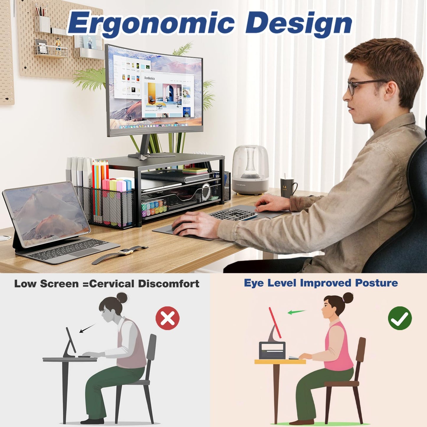 OPNICE Desk Organizers and Accessories, 2-Tier Computer Monitor Stand Riser with Drawer and 2 Pen Holders, Laptop Stand, Office Desk Accessories for Office Supplies, Pink