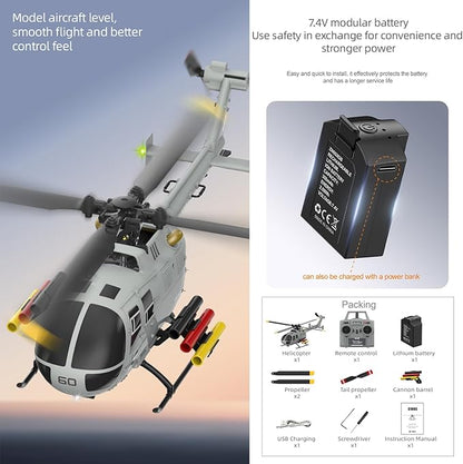 C186S Upgraded Version 6CH Remote Control Helicopter for Adults 14y+ Beginner Expert Aileronless BO-105 Air Pressure Hold Optical Flow Position Aerobatic Flight 6-Axis Gyroscope (Grey 2 Batteries)