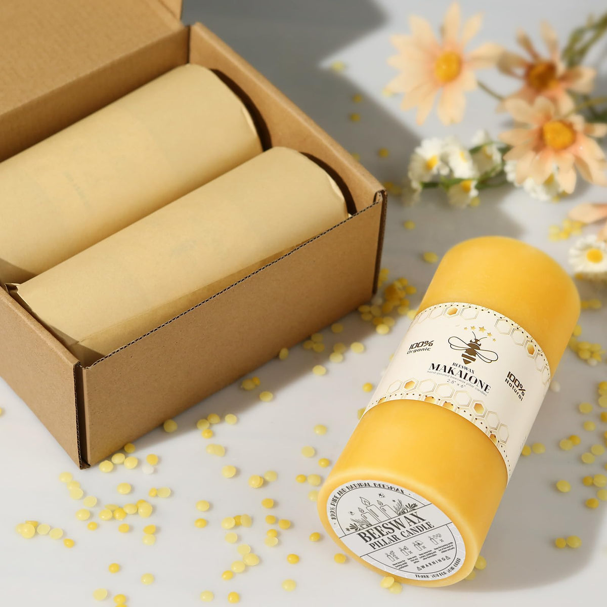 Natural Beeswax Pillar Candles,100% Pure Beeswax Candles-190 Hours Long Burning,Unscented Bees Wax Candles for Home,Prayer,Emergency,Dripless Smokeless Organic Pillar Candles Bluk-2.8x6in-2pack