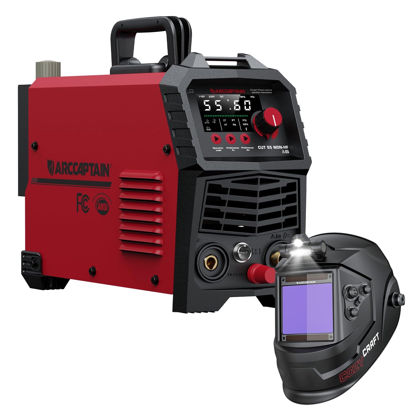 ARCCAPTAIN 55Amp Plasma Cutter, Blowback Non-HF Pilot Arc Plasma Cutting Machine + Large View 3.94" x 3.66" True Color Auto Darkening Welding Helmet with Light