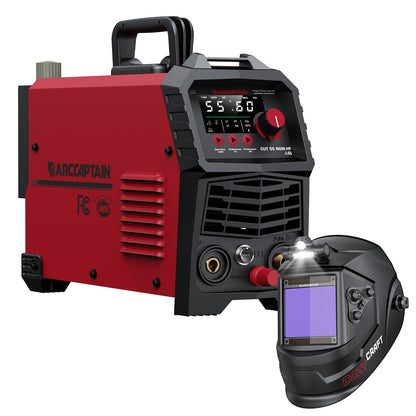 ARCCAPTAIN 55Amp Plasma Cutter, Blowback Non-HF Pilot Arc Plasma Cutting Machine + Large View 3.94" x 3.66" True Color Auto Darkening Welding Helmet with Light
