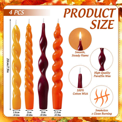 AnyDesign 4Pcs Fall Twisted Taper Candles Autumn Orange Red Yellow Wax Long Unscented Spiral Swirl Candlesticks for Thanksgiving Holiday Dinner Party Home Decor