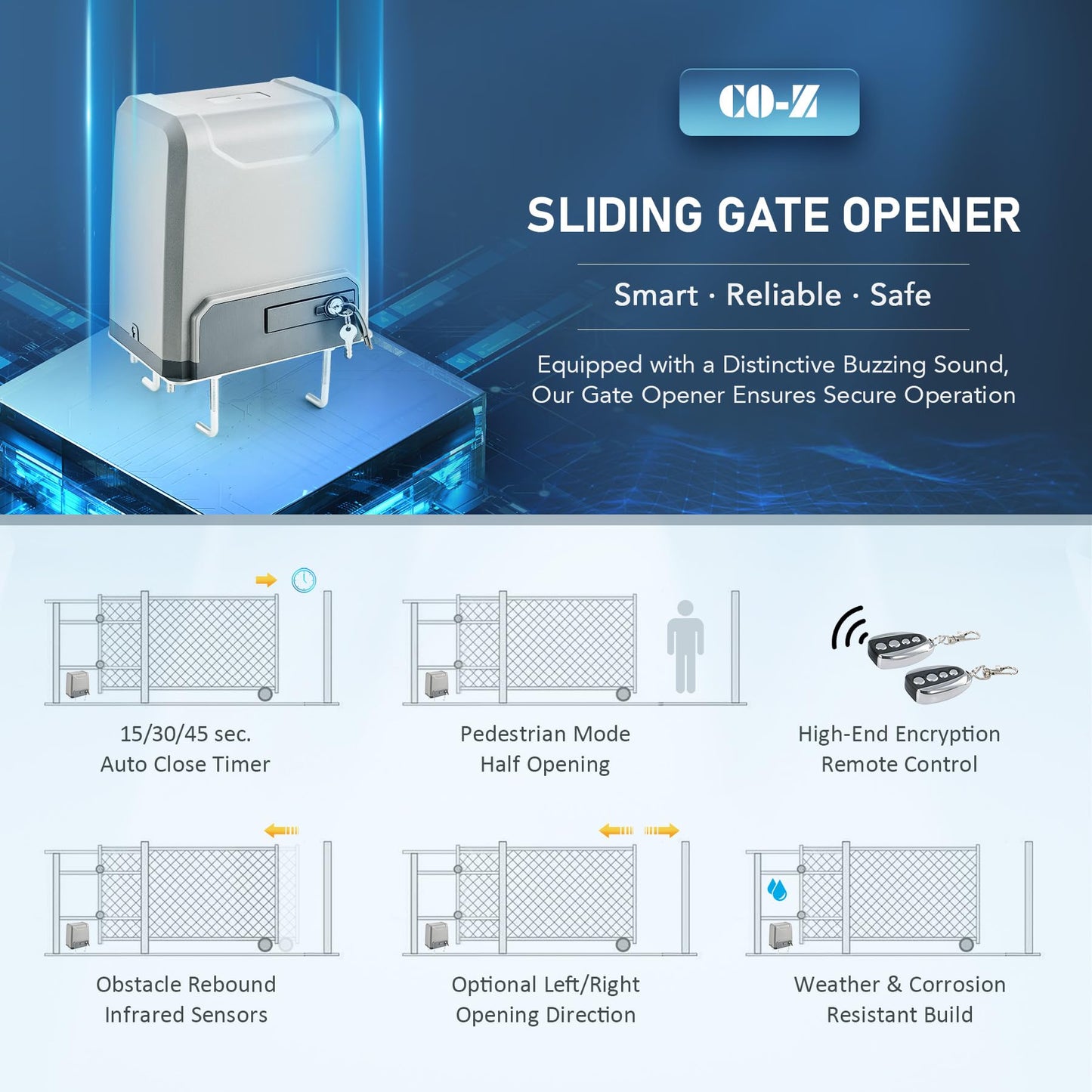 CO-Z 3300lb Rack Driven Sliding Gate Opener with Alarm System, 550W Automatic Gate Opener with Remote Controls, Electric Gate Motor for Gates up to 40ft, Complete Rack Gate Operator Kit for Driveways
