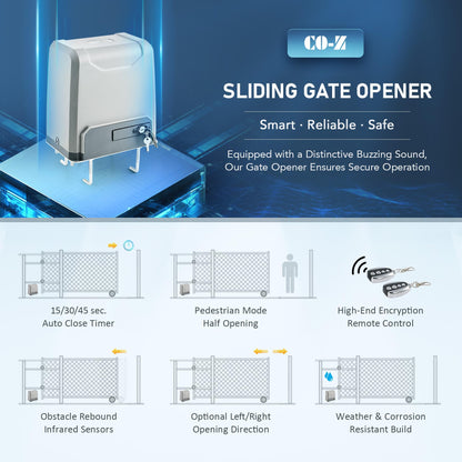 CO-Z 3300lb Rack Driven Sliding Gate Opener with Alarm System, 550W Automatic Gate Opener with Remote Controls, Electric Gate Motor for Gates up to 40ft, Complete Rack Gate Operator Kit for Driveways