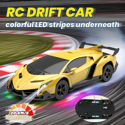 QUN XING Remote Control Car 1:24 Officially Licensed Lambo veneno RC Drift Car with LED Lights 2.4GHz 4WD 15KM/H Fast Speed Control Rechargeable Battery 800mah Birthday for Kids Boys 8-12Yellow