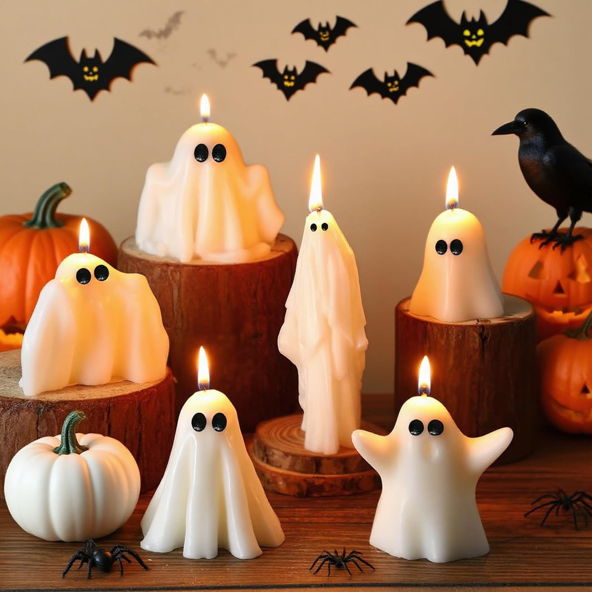 Conelist 6 Pieces Halloween Large Ghost Candles White Spooky Scented Halloween Candles Horror Gifts Candle Tea Lights Goth Room Decor for Summer Dining Table Party Bedroom(Spirit Style,White)