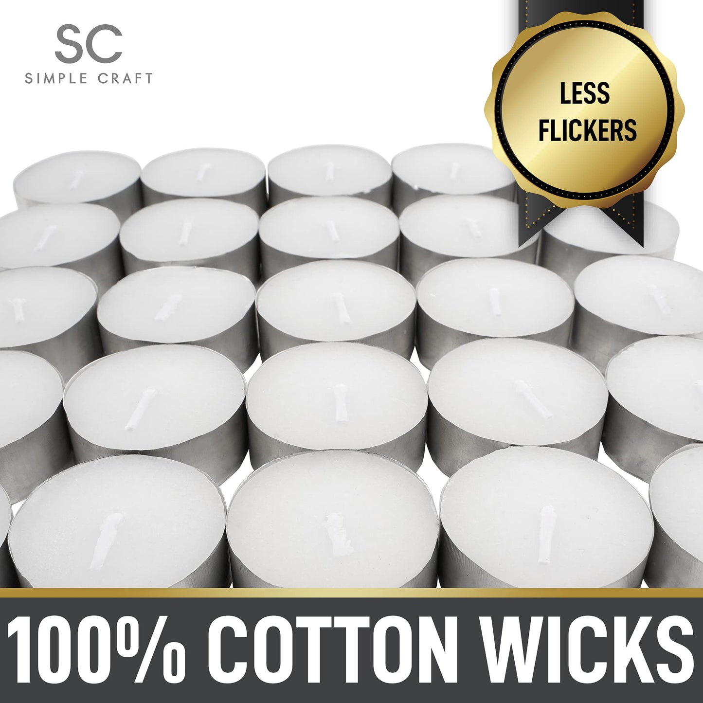 Simple Craft 100 Pack Tea Lights Candles - Unscented Tealight Candles Pack - Long Lasting Paraffin Wax Small Candles in Bulk - Smokeless & Dripless Tea Light Candles for Home, Parties, Weddings