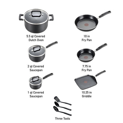 T-Fal Signature Nonstick Pots and Pans Set 12 Piece, Oven Broiler Safe 350F, Kitchen Cookware Set w/Fry Pans, Saucepans, Saute Pan, Dutch Oven, Griddle, Kitchen, Home, Dishwasher Safe, Black