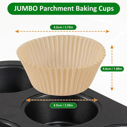Caperci Jumbo Muffin Liners - 200 Pcs Natural Paper Baking Cups | Non-Stick & Grease-Proof