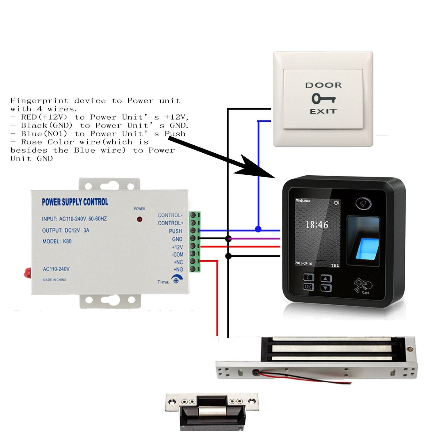 Biometric Fingerprint Security Access Control Systems with 600lbs Magnetic Lock,Exit Motion Sensor,Metal Exit Button with Base,110V-240V Power Supply Unit,Wired Doorbell,RFID Cards & RFID Key Fobs