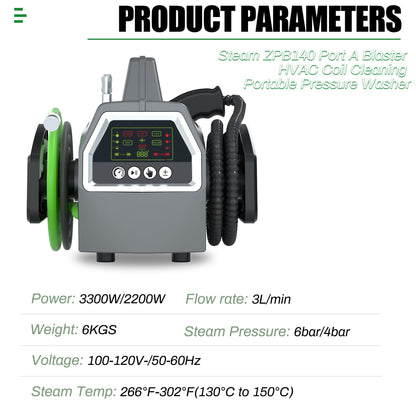 3300W High Pressure Steam Cleaner, ZPB140 Port A Blaster HVAC Coil Cleaning, High Temp Air Conditioning Steam Cleaning Machine, Heavy Duty Portable Steamer for HVAC, Car Detailing, Floor, Upholstery