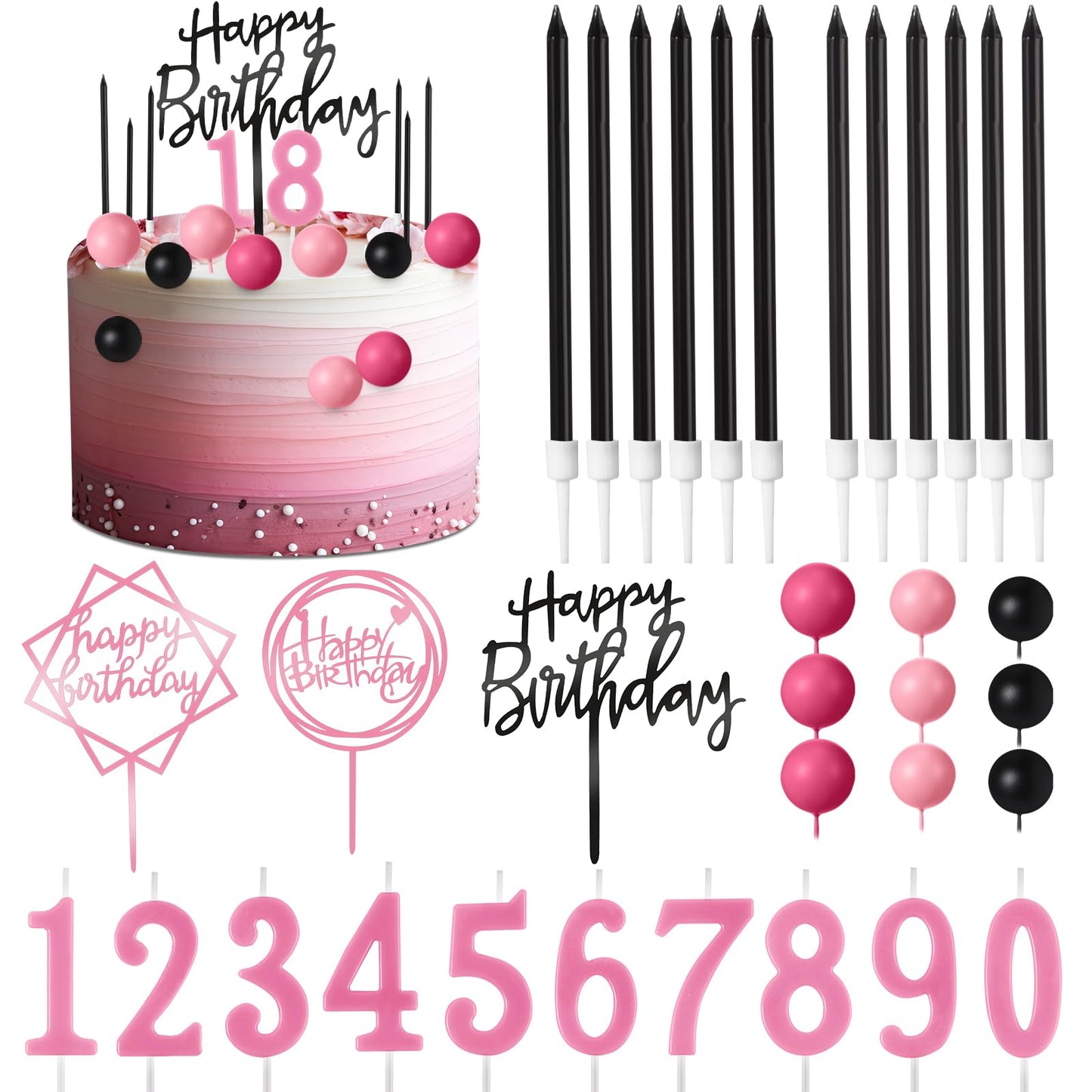 Yerliker 34 Pcs Happy Birthday Cake Toppers Decorations Birthday Candles DIY Cake Decor for Men Women Wedding Anniversary(Black Pink Rose Red)