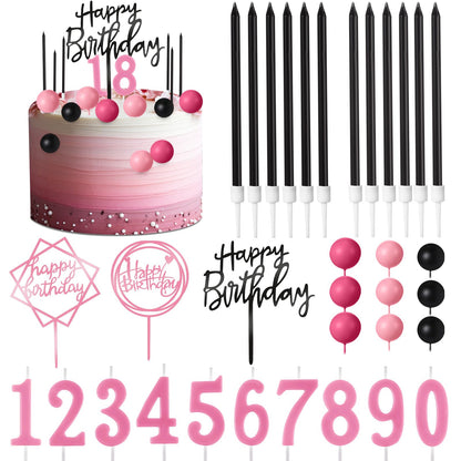 Yerliker 34 Pcs Happy Birthday Cake Toppers Decorations Birthday Candles DIY Cake Decor for Men Women Wedding Anniversary(Black Pink Rose Red)