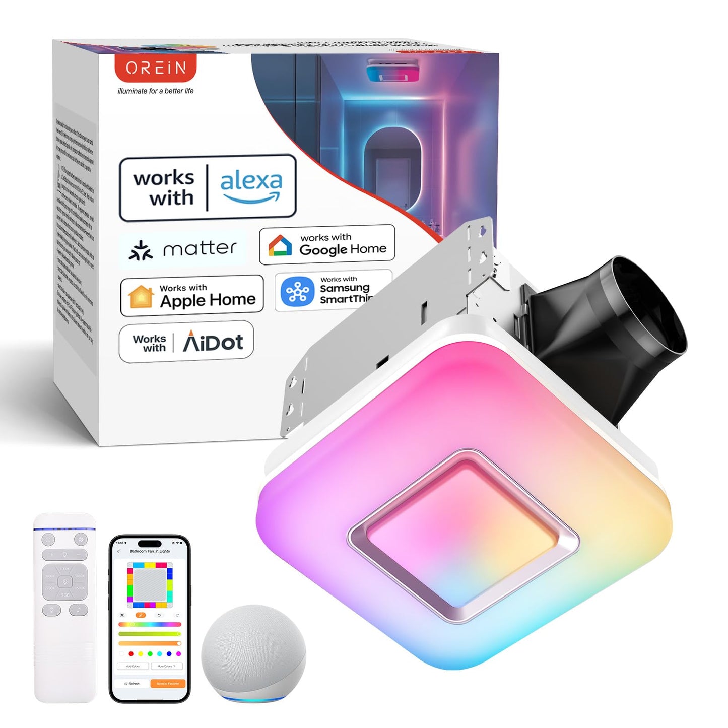 OREiN Matter Smart Bathroom Exhaust Fan with Light (No Speaker), 110 CFM Quiet Bathroom Vent Fan, 2700K–6500K, DIY RGB Lighting, Voice/App/Remote Control, Works with Alexa, Google & Apple Home