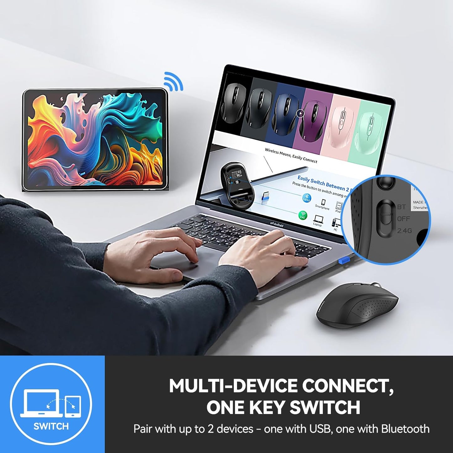 TECKNET Bluetooth Mouse, 2-in-1(BT 5.0/3.0+2.4Ghz) 4000DPI Wireless Mice with USB Connect Available for Laptop Computer, Portable PC Mouse Bluetooth for Mac (USB-A+BT Wireless Connect, Black)